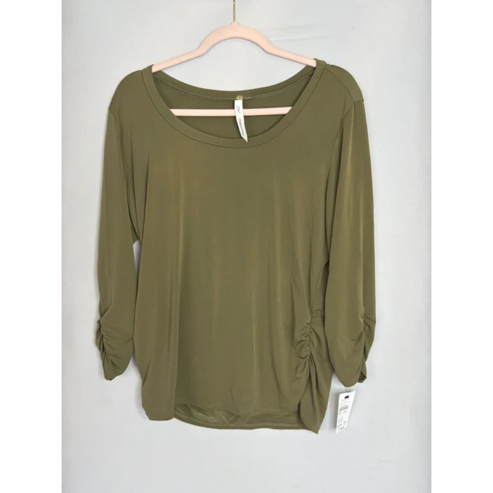 NY Collection olive green ruched top, NWT, scoop neck long sleeve